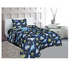 Golden Linens Reversible 6 Pieces Twin Size Printed Blue and Lime Green Dinosaur Microfiber Kids Comforter With sheets