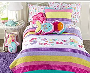 Cozy Line Home Fashions Lilah Mermaid Pink Purple Blue Yellow Green White 100% Cotton Embroidered Pattern Bedspread Bedding Quilt Set (Mermaid, Queen - 3 Piece)