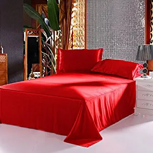 Bedify Bedding 100% Pure Silk Satin Sheet Set 4pcs, Silk Fitted Sheet 15'' Deep Pocket,Silk Flat Sheet & Pillowcases Set !!! Full, Blood Red