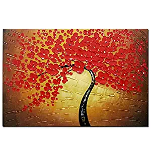 Wieco Art Red Flowers Oil Paintings Reproduction on Canvas Wall Art Ready to Hang for Bedroom Kitchen Home Decoration Large Modern 100% Hand Painted Stretched and Framed Pretty Abstract Floral Artwork