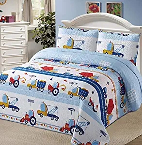 Luxury Home Collection 3 Piece Full/Queen Size Quilt Coverlet Bedspread Bedding Set for Kids Boys Construction Trucks Tractors Cars Blue Red White Yellow