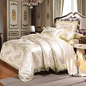 UniTendo 4 Piece Sateen Cotton Jacquard Duvet Cover Sets,Delicate Floral Pattern Bedding Sets,Duvet Cover Flat Sheet and 2 Pillowcases,Queen/Full Size, Creamy-White.