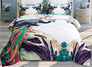 ENCOFT Peacock Family Queen Size 3D Comforter Bedding Sets 3 Pieces,Tencel Cotton Peacock Comforter Sets with 2 Pillowcases