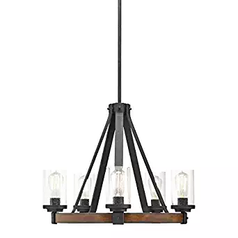 Kichler Lighting Barrington 5 Light Distressed Black and Wood Rustic Clear Glass Candle Chandelier, 24.02" W