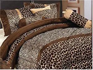 JBFF, 7 Piece,Safari Zebra Giraffe Print Bedding Micro Fur Comforter Set, Cal King Size, Brown