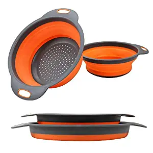 Collapsible Colander, 2 Collapsible Set, Learja Food-Grade Silicone kitchen Strainer Space-Saver Folding Strainer Colander, Sizes 8 inches - 2 Quart, and 9.5 inches - 3 quart(orange)