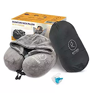 ROVAZO Hooded Neck Pillow and Silicone Ear Plugs -Premium Sleep Travel Kit – Ultra Soft Memory Foam Airplane Cushion with Adjustable Drawstring Hood - Bonus Carrying Bag