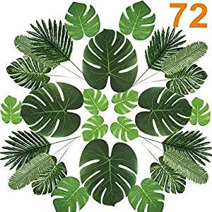 72 Pcs 6 Kinds Palm Leaves Artificial Tropical Plant Faux Leaves Safari Leaves Faux Monstera Leaves Hawaiian Luau Party Suppliers Decorations,Tiki Aloha Jungle Beach Birthday Table Leave Decorations