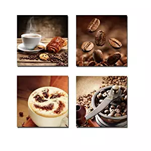 Wieco Art Warm Coffee Modern Canvas Wall Art Contemporary Abstract Seascape Pictures Print on Canvas Wall Art for Kitchen Bar Home Decorations P4R1x1-08-P (12x12inchesx4pcs)