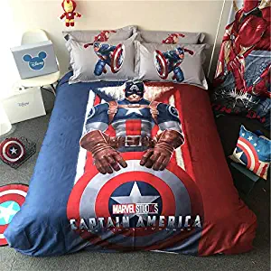 EVDAY 3D Marvel Boys Bedding Set 100% Cotton Captain America Bedding for Kids Including 1Duvet Cover,1Flat Sheet,2Pillowcases Queen Full Twin Size