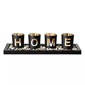 Candle Holder Set, Includes Ornamental Earth Stones Black Wood Tray and 4 Glass Cups Featuring ‘HOME’ Wording, Decorative Holiday Gift for your Loved One.