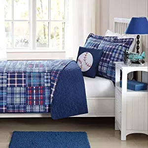 My World Quilt Mini Set with BONUS Decorative Pillow (Navy Plaid Patch, Twin)