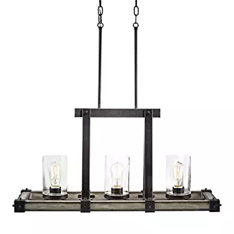 Kichler Barrington 12.01-in W 3-Light Anvil Iron With Driftwood Rustic Standard Kitchen Island Light with Seeded Shade