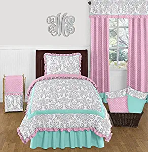 Sweet Jojo Designs 4-Piece Skylar Luxury Turquoise Blue, Pink Polka Dot and Gray Damask Girls Twin Bedding Set