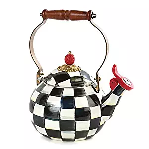 MacKenzie-ChildsWhistling Tea Kettle, Steel Enamel Courtly Check Black and White Stovetop, Heavy-gauge, 5.5" Diameter 8.5" Tall, 2 Qt. Capacity