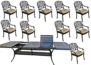 11 Piece Patio Dining Set Cast Aluminum Outdoor Furniture Elisabeth Rectangular Extendable Table 48 x 132.