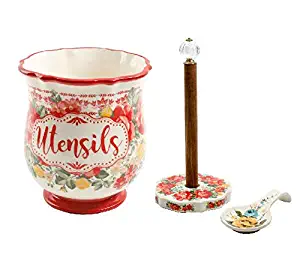 The Pioneer Woman Pioneer Vintage Floral 6.75-Inch Utensil Holder & Vintage Floral Paper Towel Holder With Rose Shadow Spoon Rest