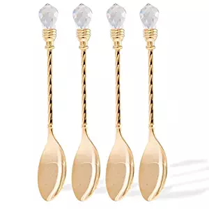 Matashi 24K Gold Plated Crystal Topped Dessert Spoons/Demitasse spoons (4 L x 0.1 W x 0.5 H inches) (Set of 4)