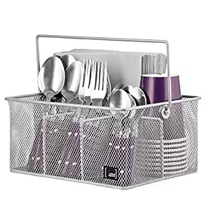 Silver Utensil Holder By Mindspace, Kitchen Condiment Organizer and Flatware Utensil Caddy | The Mesh Collection, Silver