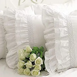 Queen's House Shams Queen Size Shabby Vintage White Embroidery Lace Ruffle Pillowcase Pillow Sham-1 Piece