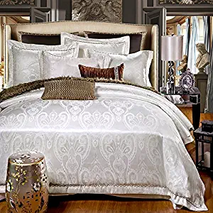 LELVA Luxury European Style Silk Floss Satin Jacquard Bedding Sets White Duvet Cover Sets 4Pcs Full Queen (Full, 20)