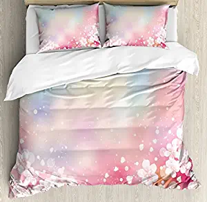 wanxinfu Pastel 4 Piece Bedding Set Full Size, Japanese Nature Sakura Tree Cherry Blossoms Romantic Hazy Dreamy Cheerful, 4 Pcs Duvet Cover Set Comforter Cover Bedspread with 2 Pillow Cases