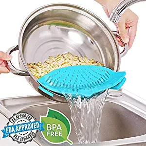 Clip on Strainer for pots pans, Snap on Strainer Made by FDA Approved, Heat Resistant Silicone, Easy to Use and Store, Dishwasher Safe (Blue)