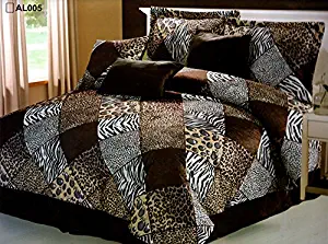 7 Piece (California) Cal King Size Safari Comforter Set - Zebra, Giraffe, Leopard, Tiger Etc - Multi Animal Print Bed in a Bag Brown Beige Black White Micro Fur Bedding