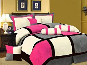 Grand Linen Oversize Hot Pink/Black/Grey Comforter Set Micro Suede Patchwork Bed in A Bag Queen Size Bedding