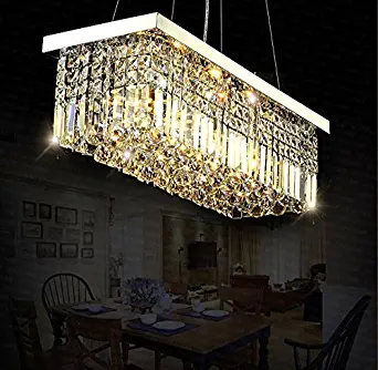 7PM W40" x D10" Modern Rain Drop Rectangle Clear K9 Crystal Chandelier Pendant Lamp Lighting Fixture 8 Lights for Dining Living Bedroom Room (Chrome Frame)