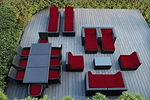 Ohana 20-Piece Outdoor Patio Furniture Sofa, Dining and Chaise Lounge Set, Black Wicker with Red Cushions - Free Patio Cover