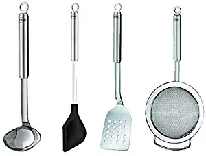 Rösle Kitchen Utensils Set: Round Handle Turning Slice Perforated 13-Inch, Round Handle Strainer Coarse Mesh 14.6-Inch, Cooking Spoon Classical 12-Inch, Round Handle Ladle 13.3-Inch