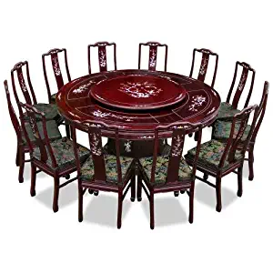 ChinaFurnitureOnline Hand Crafted 72in Pearl Inlay Design Rosewood Round Dining Table with 12 Chairs - Dark Cherry