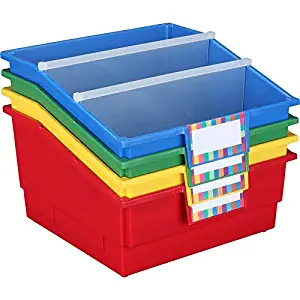 Really Good Stuff Large Plastic Book Organizer Bins, Dividers, Built-in Label Holder, 13.5” by 13.5” by 7.75” (Set of 4, Primary Colors) - For Picture Books, Large Reference Books in Classroom or Home