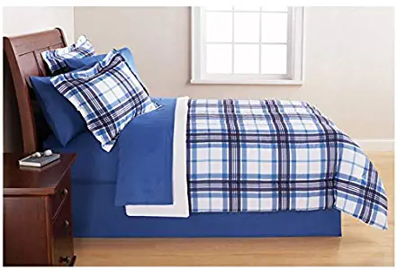 Mainstays Blue Plaid Bed in a Bag Bedding Set, (Queen)