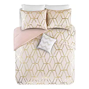 Comfort Spaces Vivian 4 Piece Comforter Set Ultra Soft All Season Lightweight Microfiber Geometric Metallic Print Hypoallergenic Bedding, Full/Queen, Blush/Gold