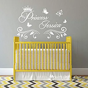 FredaRosa Princess Wall Sticker with Personalized Name Decals-Wall Stickers Name Princess Floral Butterfly Decal-Princess Floral Nursery/Baby Decal