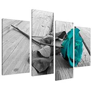 Large Black White Teal Rose Floral Canvas Wall Art Pictures on Grey XL Split Set-Big Modern Flower Prints-Multi Panel Turquoise Artwork,4P Paintings Home Decoration Stretched and Framed Ready to Hang
