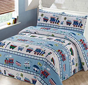Luxury Home Collection 3 Piece Full/Queen Size Quilt Coverlet Bedspread Bedding Set for Kids Teens Boys Girls Trains Light Blue White Green Red Yellow