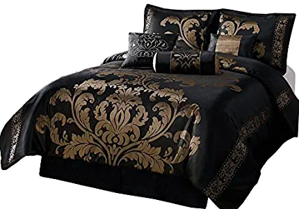 Chezmoi Collection 7-Piece Royale Jacquard Floral Comforter Set, Full/Double, Black/Gold