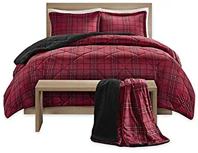 Comfort Spaces Aaron Sherpa 4 Piece Comforter and Throw Combo Set, Soft and Warm Checker Plaid Pattern Cold Weather Bedding, Full/Queen, Red