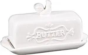 Home Essentials 76508 7"L Covered Butter Dish With Rooster Finial 7 X 3 X 4 inches, White