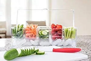 Adorn Home Ice Chilled Large Condiment Server | 5 Compartment on Ice Caddy | 5 Removable Dishes with over 2 Cup Capacity Each with Hinged Lid | Crystal Clear Plasic