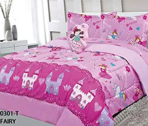 8 Piece Full Size Kids Girls Teens Comforter Set Bed in Bag with Shams, Sheet set and Decorative Toy Pillow, Princess Fairy Castle Kingdom Print Pink Hot Pink Girls Kids Comforter Bedding Set w/Sheets