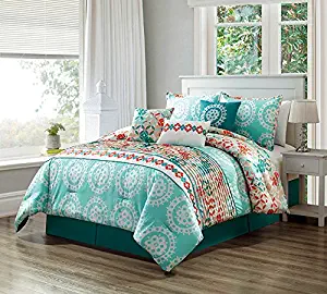 7 Piece Turquoise Blue/Orange/White Scroll Embroidery, Pleated Bed in A Bag Microfiber Comforter Set (California) Cal King Size Bedding. Perfect for Any Bed Room or Guest Room