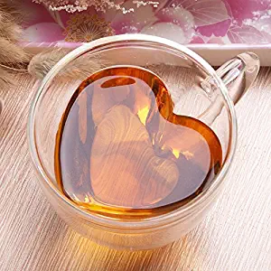 LauderHome Heart Shaped Double Walled Insulated Glass Coffee Mugs or Tea Cups, Double Wall Glass 10 oz - Clear, Unique & Insulated with Handle