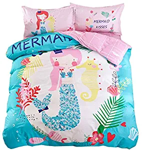 Svetanya Cartoon Mermaid Duvet Cover Set Flat Sheet Pillow Cases 400TC 100% Soft Cotton Fabric Twin Size 160x210cm Bedding Sets