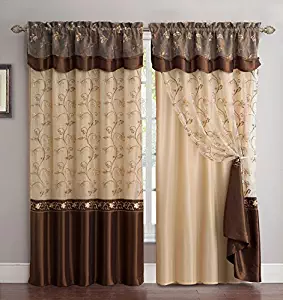 Fancy Collection Embroidery Curtain Set 2 Panel Drapes with Backing & Valance Coffee/brown