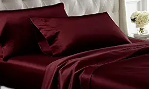 Bedify Bedding 100% Pure Silk Satin Sheet Set 4pcs, Silk Fitted Sheet 15'' Deep Pocket,Silk Flat Sheet & Pillowcases Set !!! King, Wine