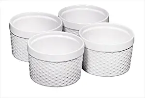Home Essentials Set of 4 Mini Stoneware Hobnail 6 oz Ramekins - Textured Porcelain, Mousse, Creme Brulee, Custard Cups, Baking, Souffles, Quiche Cups, White - 4 Inches